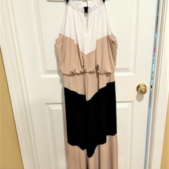 Maggy London Color block Maxi Dress Razorback Style Tan White Black Sz 12 - Picture 2 of 3